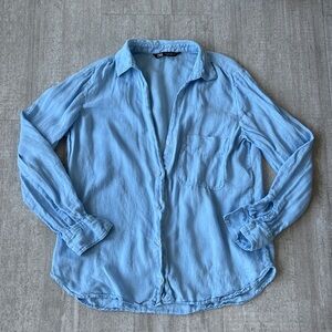 Zara blue linen blend button up size L | coastal chic, euro summer, vacation
